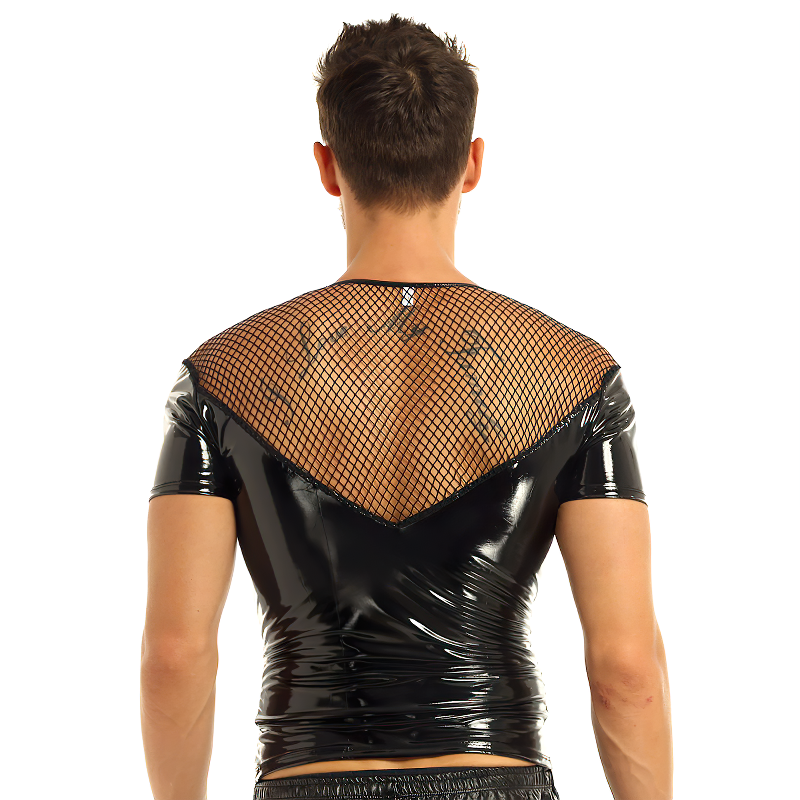 Stylish wetlook men's clubwear costume with mesh back, perfect for nightlife and parties.