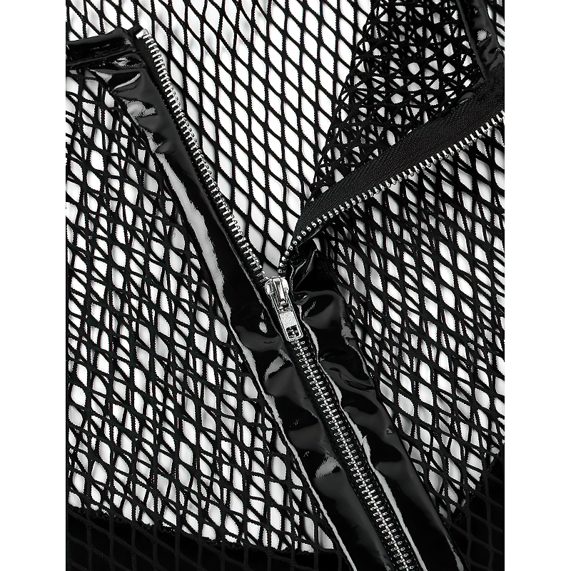 Close-up of black mesh and wetlook fabric with zipper of men's clubwear costume, perfect for nightlife parties.