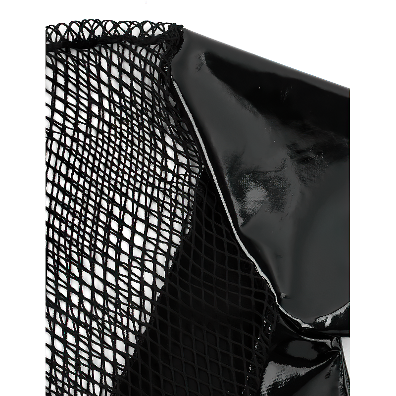 Close-up of black wetlook fabric and mesh detailing for men's clubwear costume.