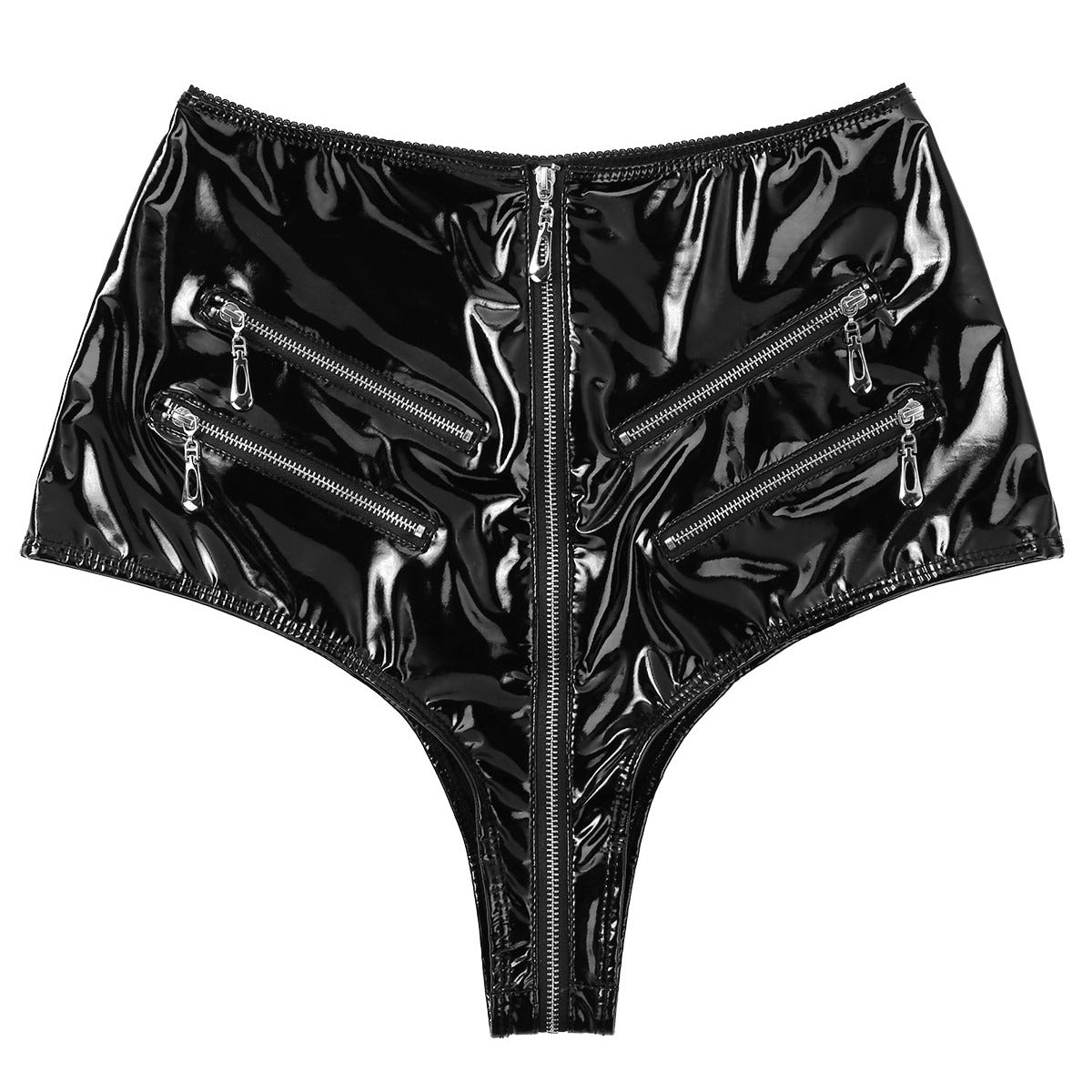 Sleek black high-waisted latex shorts featuring front and side zippers for a daring rock chick look.