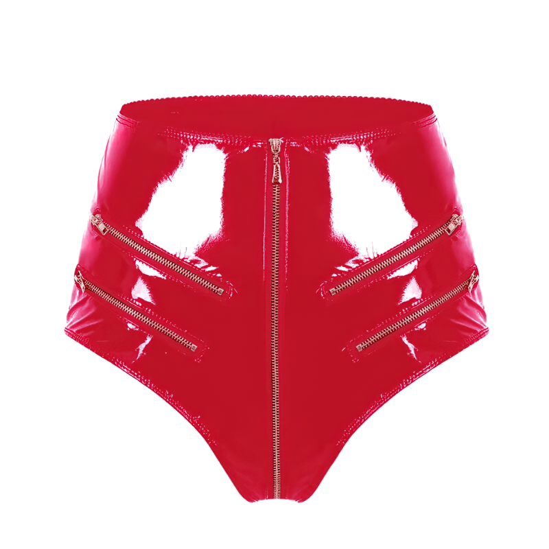 High-waisted red latex shorts with front and side zip details, perfect for a sexy rock chick look.