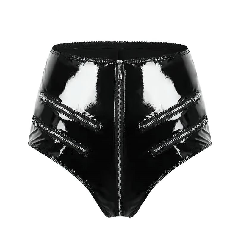 High-waisted black latex shorts with front and side zip detailing, perfect for a sexy rock chick look.