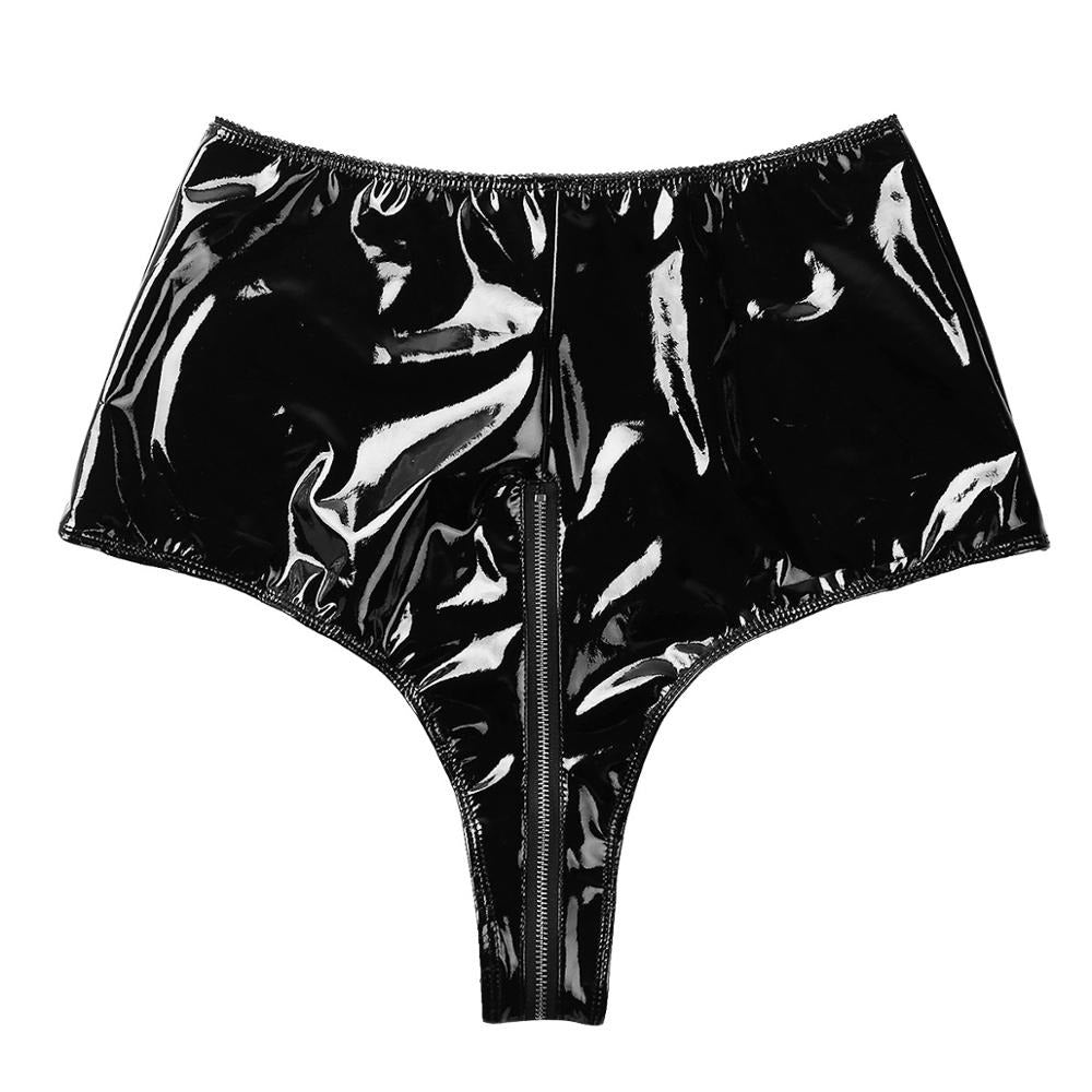 Wetlook sexy high-waisted latex shorts with front zip and side zip details for a bold goth look.