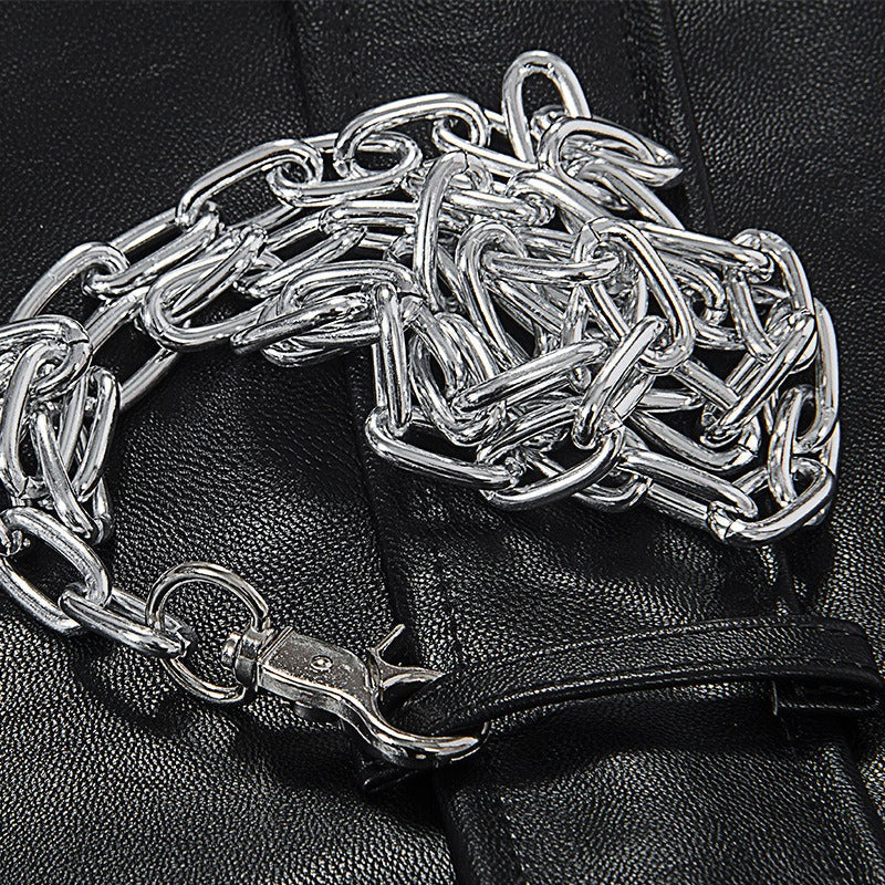 Close-up of silver chain accessory on a black background, perfect for adding a Gothic touch to outfits.