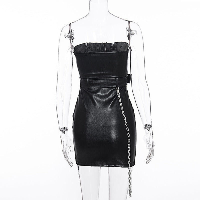 Back view of a Gothic style off-shoulder mini dress with belt and chain, perfect for concert fashion.