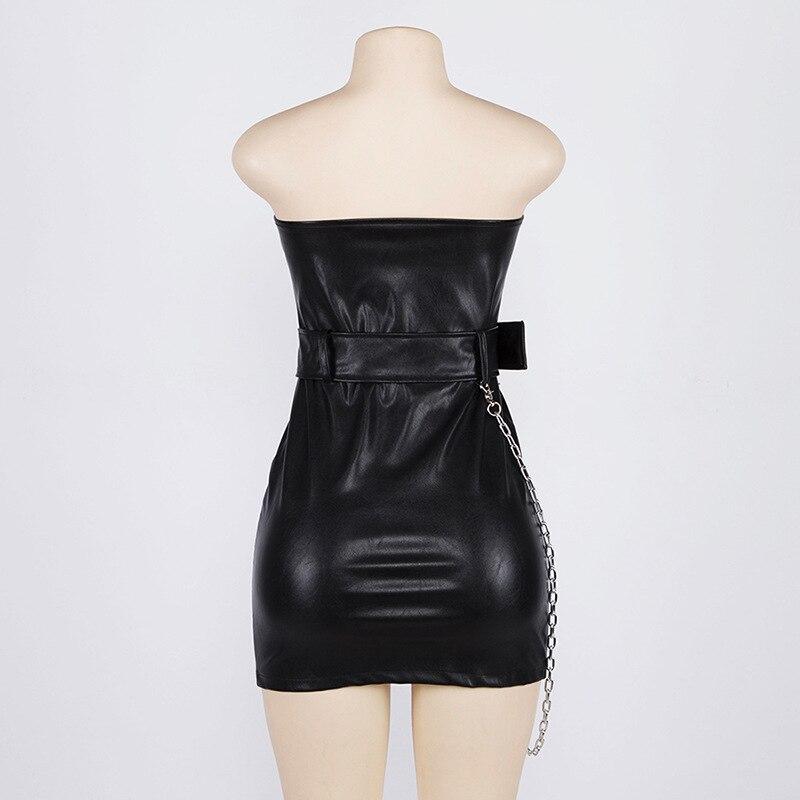 Back view of a Gothic off-shoulder black zipper corset dress with sash and chain, perfect for concert fashion.