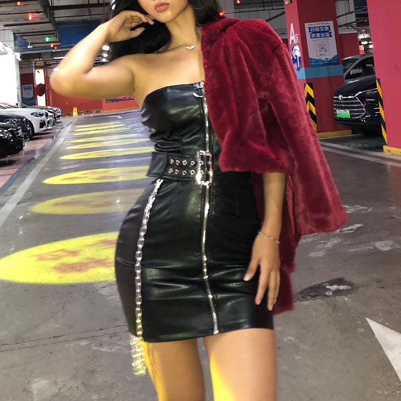 Gothic style off-shoulder zipper corset dress with a chain detail, perfect for concerts and showcasing unique style.