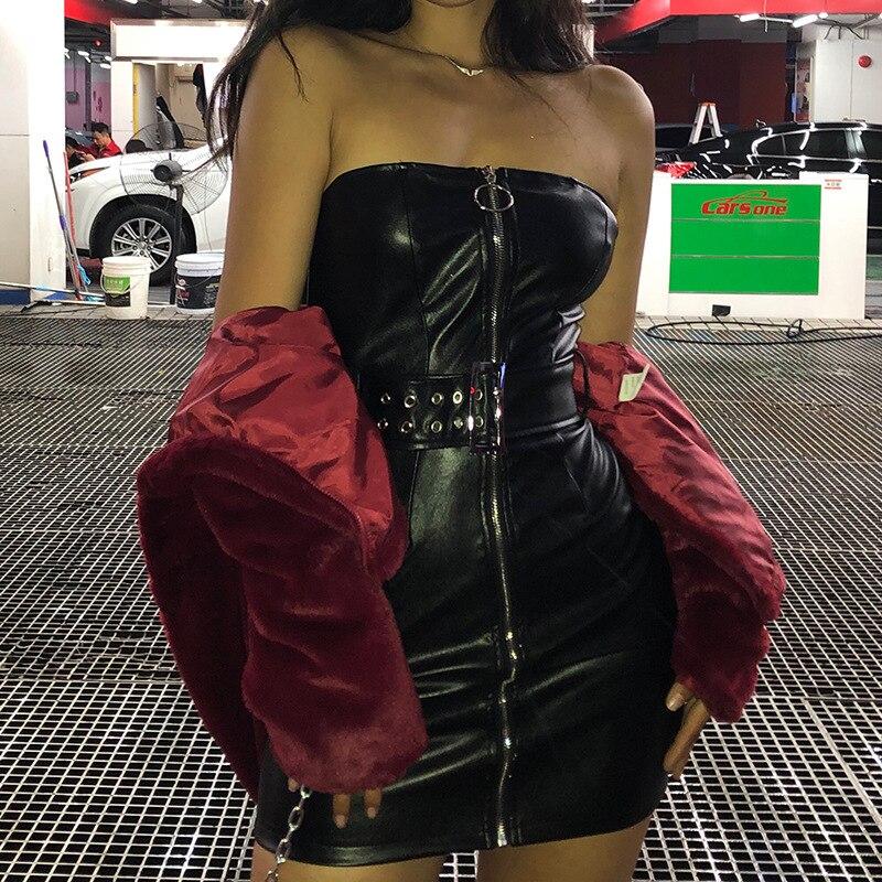 Gothic off-shoulder zipper corset dress with red faux fur jacket, perfect for concert style.