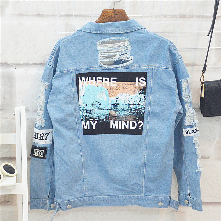 Where is My Mind? Print Bomber Jacket / Blue Ripped Distressed Denim Punk Jacket - HARD'N'HEAVY