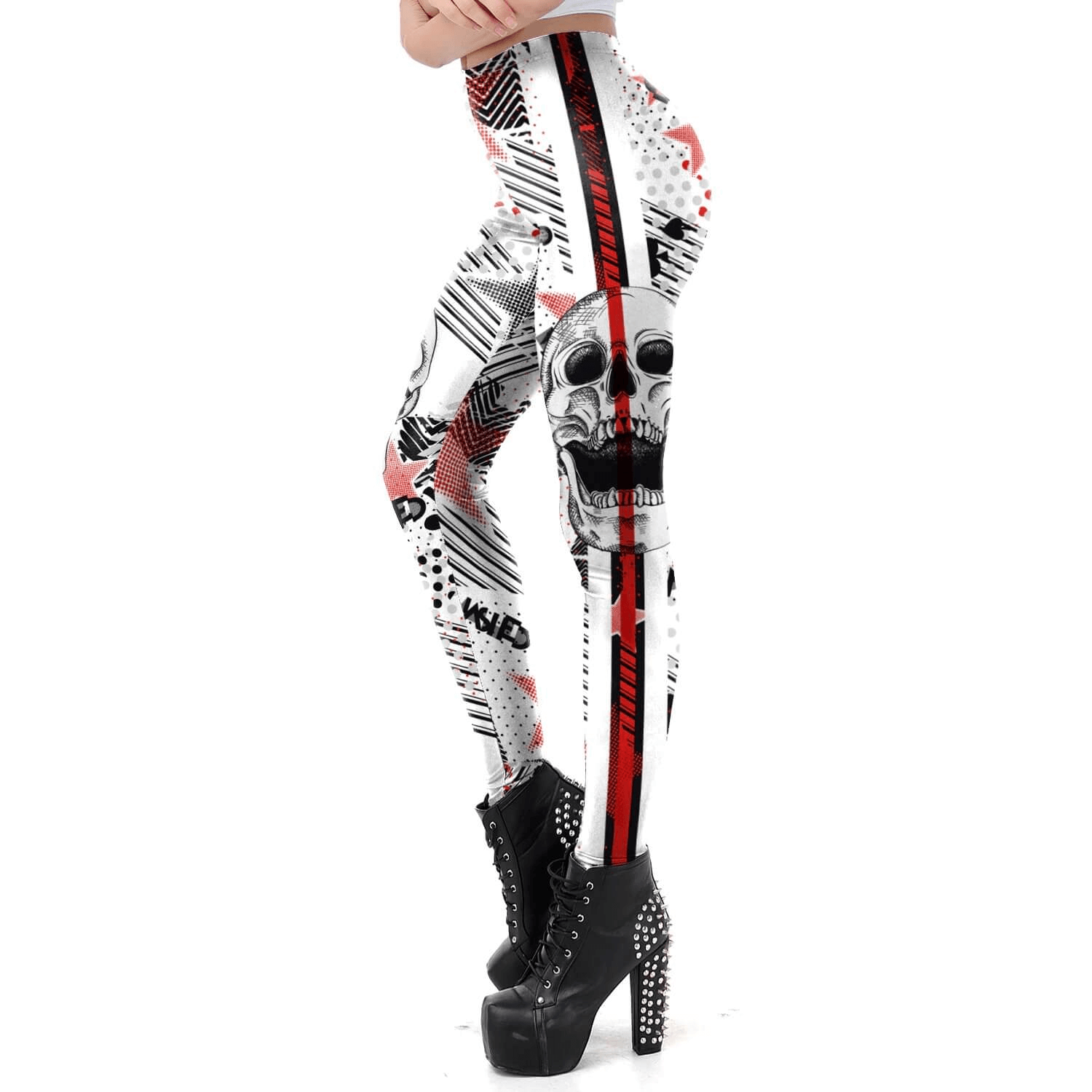 White skull leggings for women, perfect for Halloween and stylish workouts, featuring modern graphic design and trendy look.
