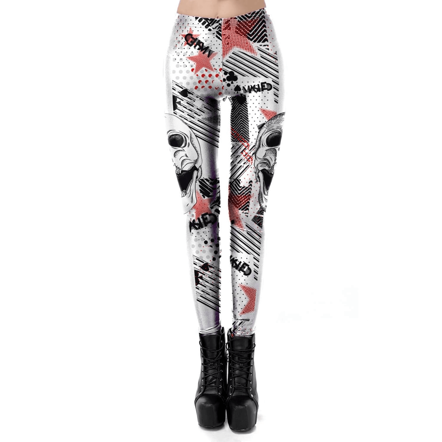 Stylish white female leggings with skull and star designs, perfect for Halloween and sexy workouts.