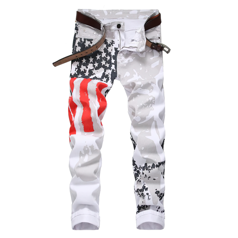White denim pants with USA flag print, stylish rock-inspired mens trousers for a fresh look.