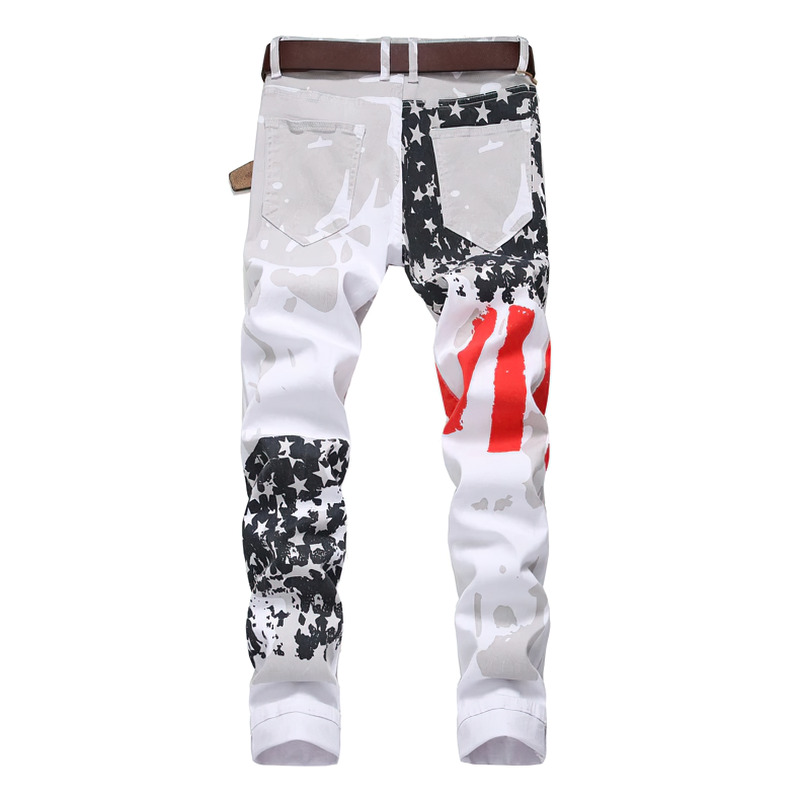 White jeans pants with USA flag print, slim fit, stylish rock style trousers for men, perfect for patriotic fashion.