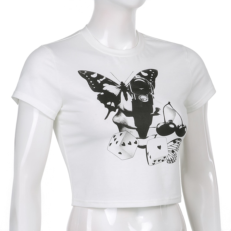 White O-Neck Female Crop Top / Butterfly Print Elegant Top / Alternative Style Women's Crop Top - HARD'N'HEAVY