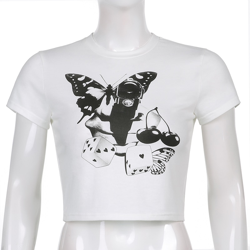 Stylish white women's crop top with black butterfly and graphic prints for alternative fashion lovers.