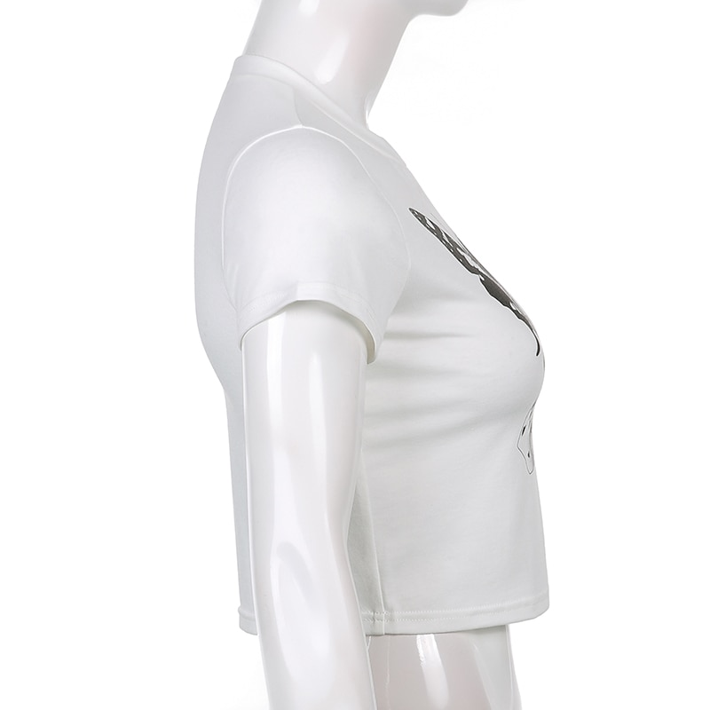 Side view of a stylish white O-neck crop top with butterfly print for women in alternative fashion.