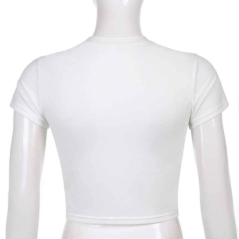 Back view of a stylish white O-neck crop top for women, perfect for alternative fashion.
