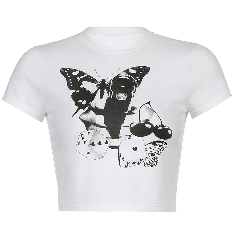 Stylish white women's crop top featuring a butterfly print and playful graphic design, perfect for alternative fashion lovers.