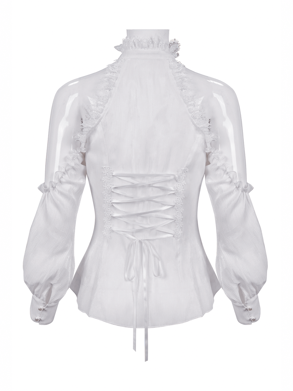 Back view of a white women's strappy off-shoulder lace shirt with stand collar and elegant puffed sleeves in gothic style.