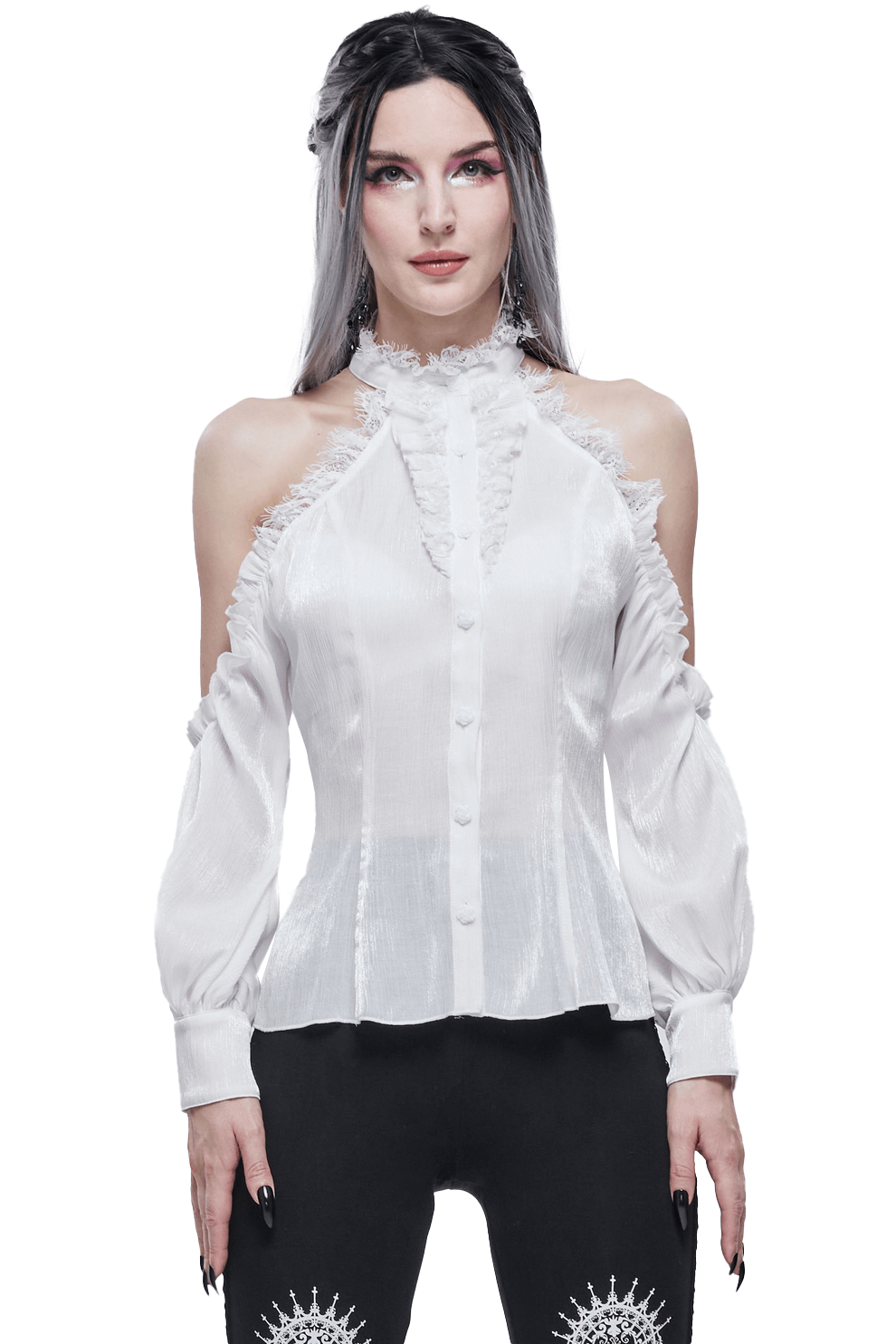 Stylish white women's off-shoulder lace shirt with stand collar and ruffled details in gothic style.