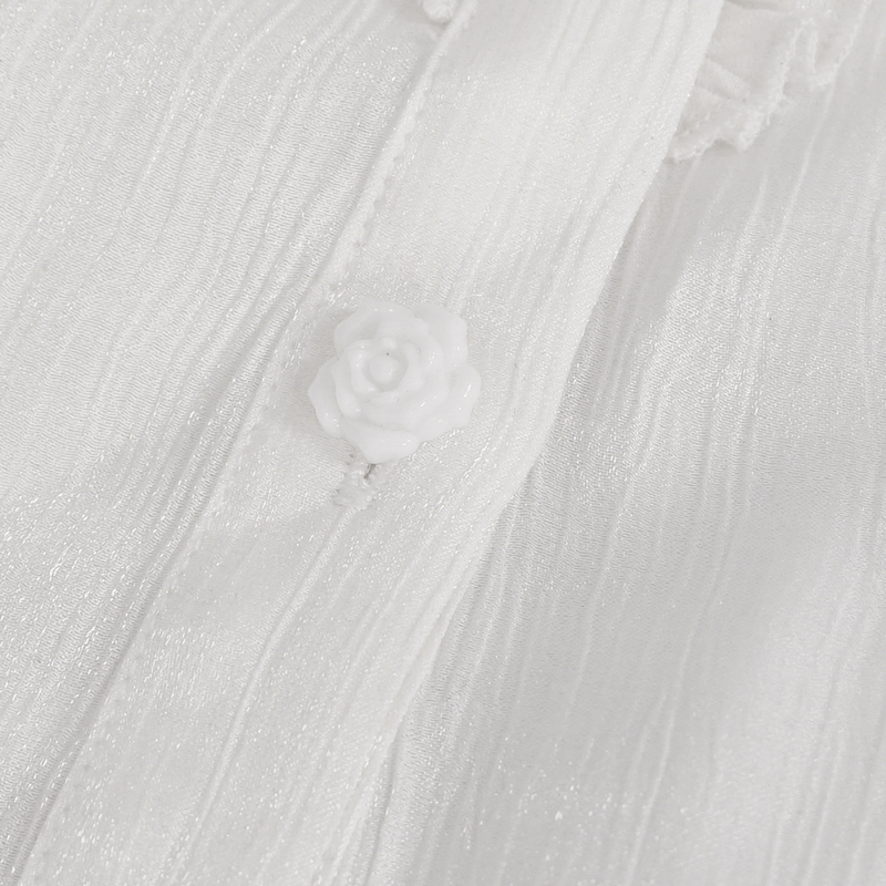 Close-up of a white lace shirt featuring a delicate rose button detail, perfect for gothic style fashion.