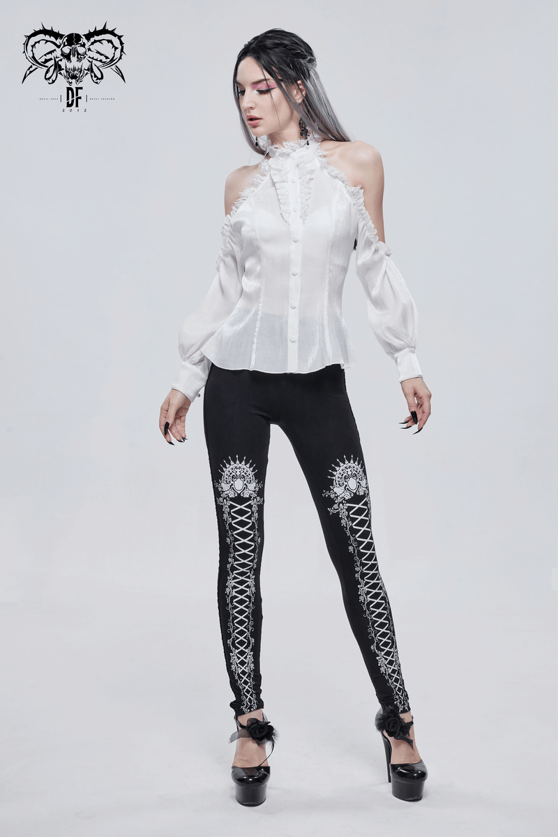 Stylish white off-shoulder lace shirt with stand collar paired with black gothic leggings and high heels.