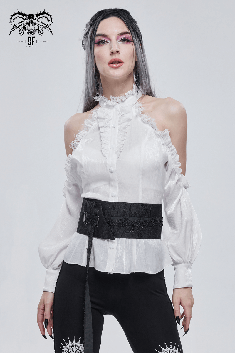 White Women's Strappy Off Shoulder Lace Shirt / Sexy Ladies Stand Collar Blouse in Gothic Style