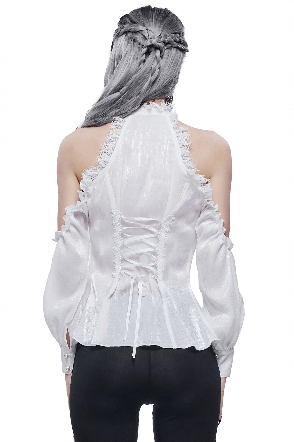 Back view of a white women's strappy off-shoulder lace shirt with stand collar, perfect for gothic style outfits.