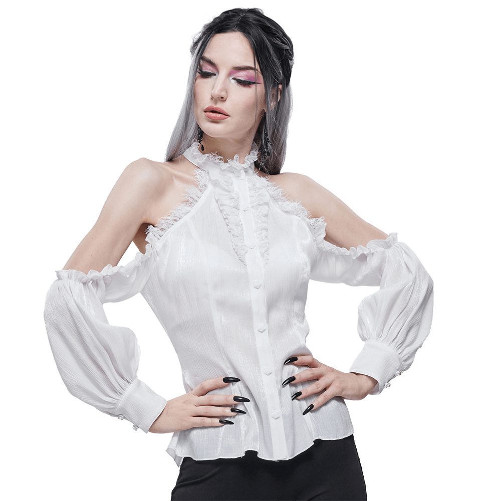 Stylish white off-shoulder lace shirt with stand collar, perfect for a gothic wardrobe, featuring elegant ruffled details.