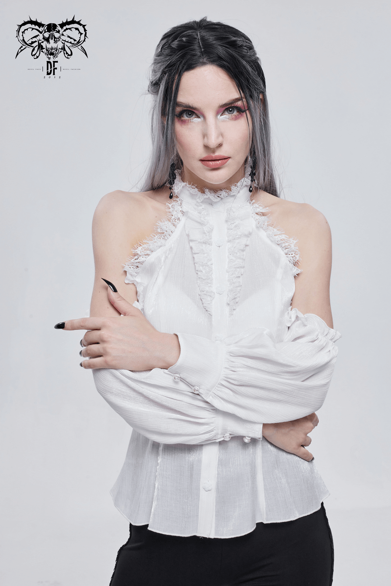 White Women's Strappy Off Shoulder Lace Shirt / Sexy Ladies Stand Collar Blouse in Gothic Style