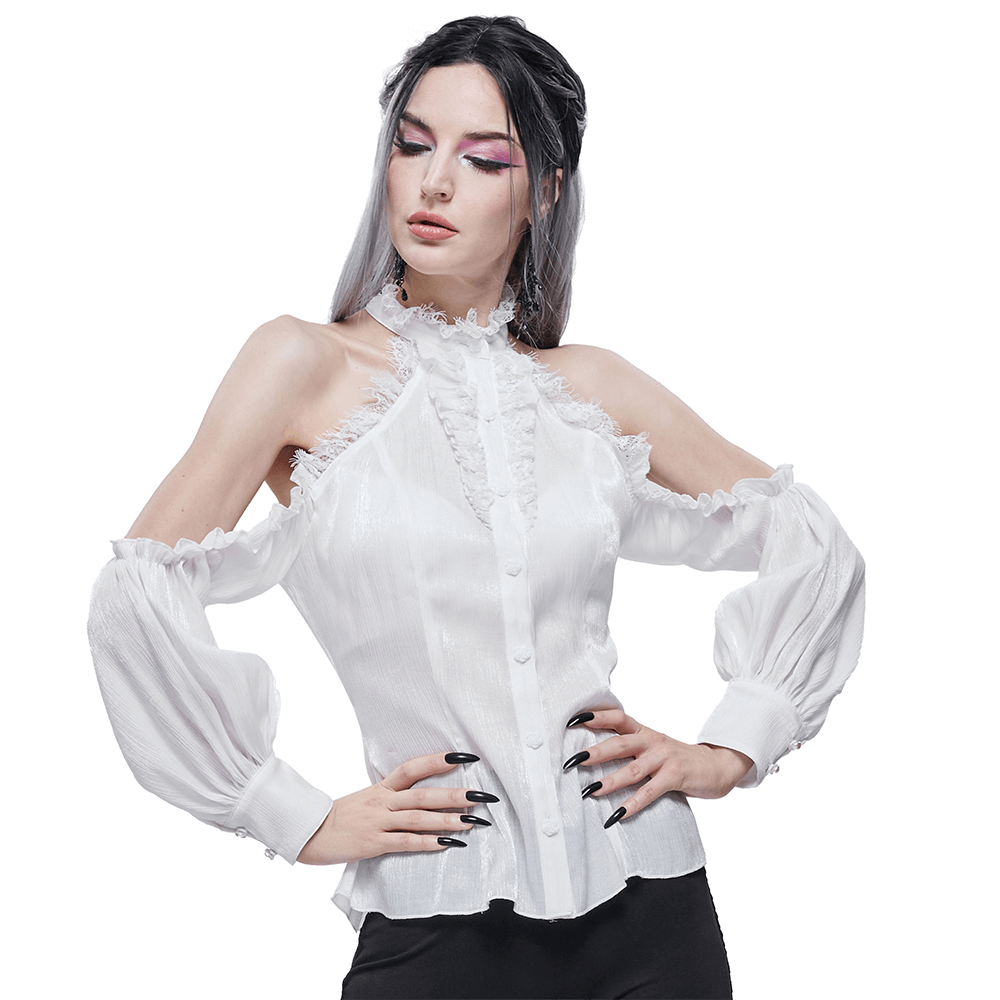 White Women's Strappy Off Shoulder Lace Shirt / Sexy Ladies Stand Collar Blouse in Gothic Style