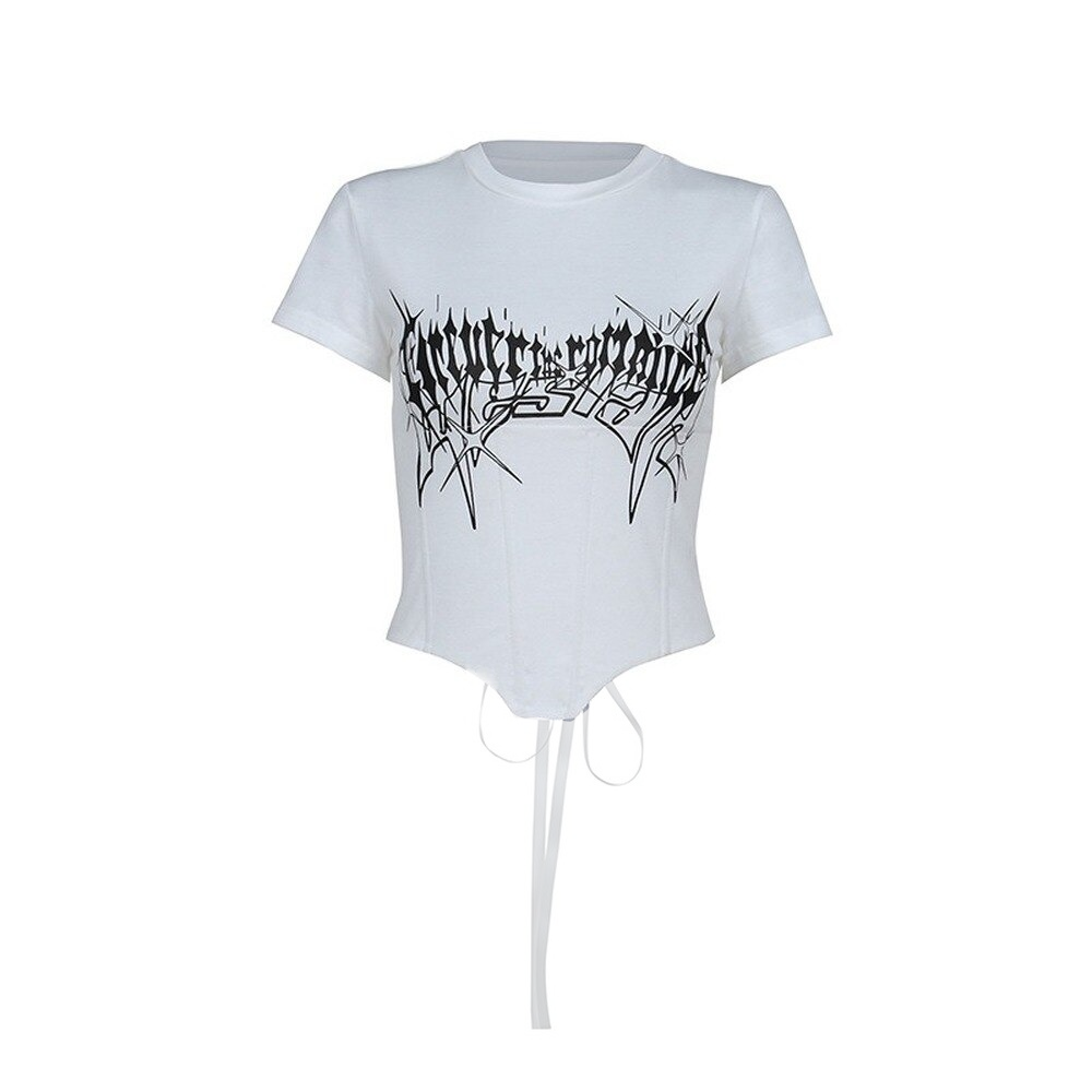 White Women's Top With O-Neck Collar And Short Sleeves / Gothic Style Female Lace-up Top - HARD'N'HEAVY
