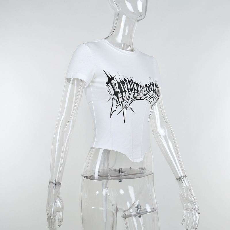 White Women's Top With O-Neck Collar And Short Sleeves / Gothic Style Female Lace-up Top - HARD'N'HEAVY