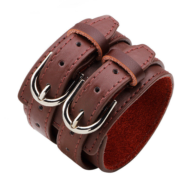 Wide brown leather belt charm bracelet with double buckle for unisex alternative rock fashion accessories.