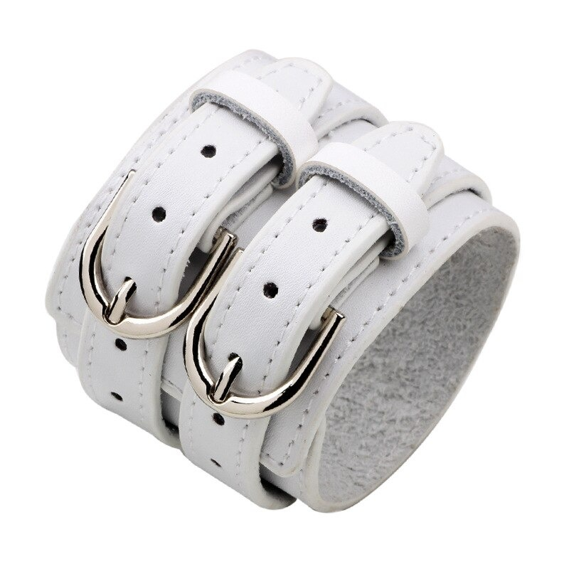 Wide belt genuine leather charm bracelet in white, perfect for alternative fashion and vintage rock outfits.