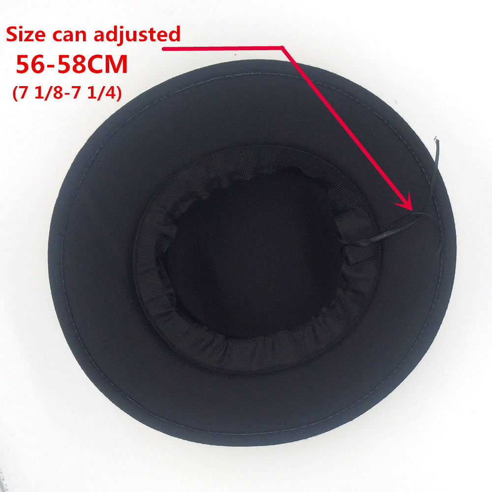 Wide brim gambler hat top view showing adjustable size 56-58CM for a perfect fit, ideal for alternative fashion.