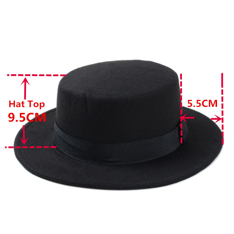 Wide brim gambler hat in black with measurements, flat top fedora style for alternative fashion.