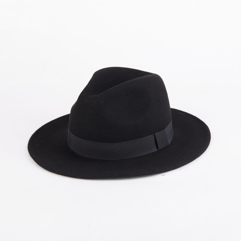 Wide brim black wool fedora hat for men, perfect for rock style and vintage fashion outfits.