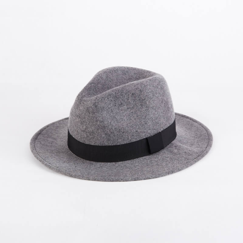 Stylish gray wide-brim wool fedora hat with black ribbon perfect for men in alternative fashion and vintage clothing.