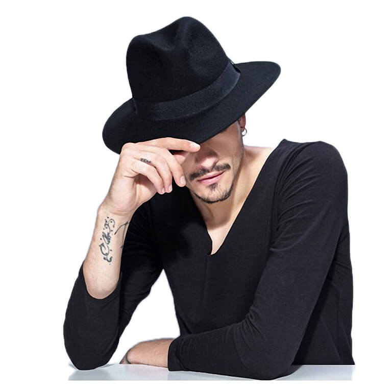 Model wearing a wide brim wool fedora hat in black, adding a rock style to alternative fashion outfits.