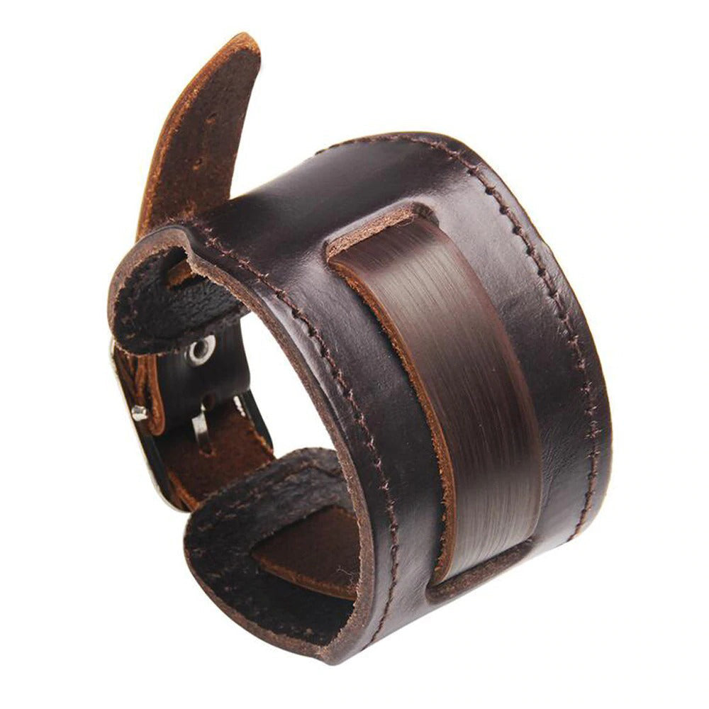 Wide genuine leather vintage bracelet in dark brown, featuring a unique belt-like design for unisex rock style.