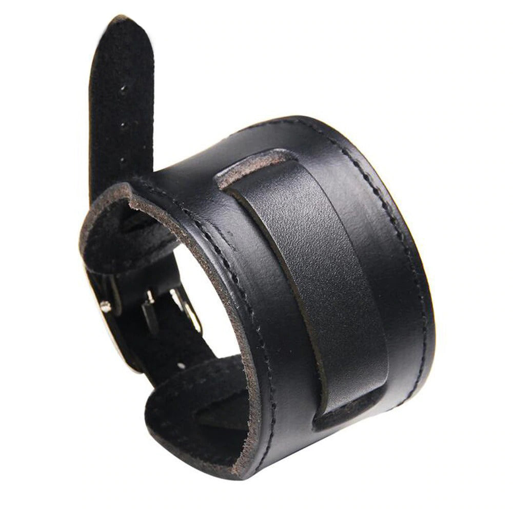 Wide genuine leather black bracelet featuring a unique belt design, perfect for unisex vintage rock style