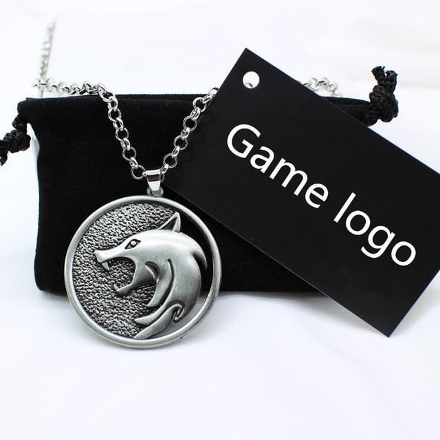 Wild Hunt Game Wolf Pendant Necklace on a chain with a logo tag, perfect for cosplay and trendy events.