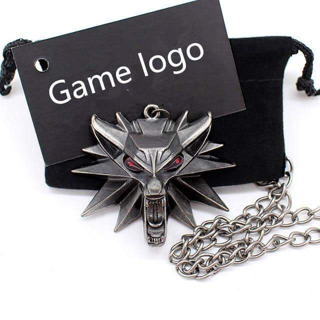 Wild Hunt Wolf pendant necklace with silver chain and game logo tag, perfect for cosplay and parties.