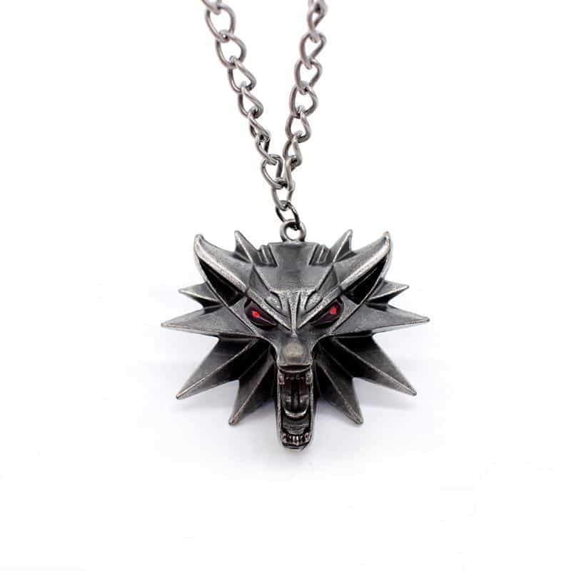 Wild Hunt Game Wolf Necklace pendant on metal link chain, showcasing a fierce wolf head design, perfect for parties and cosplay.