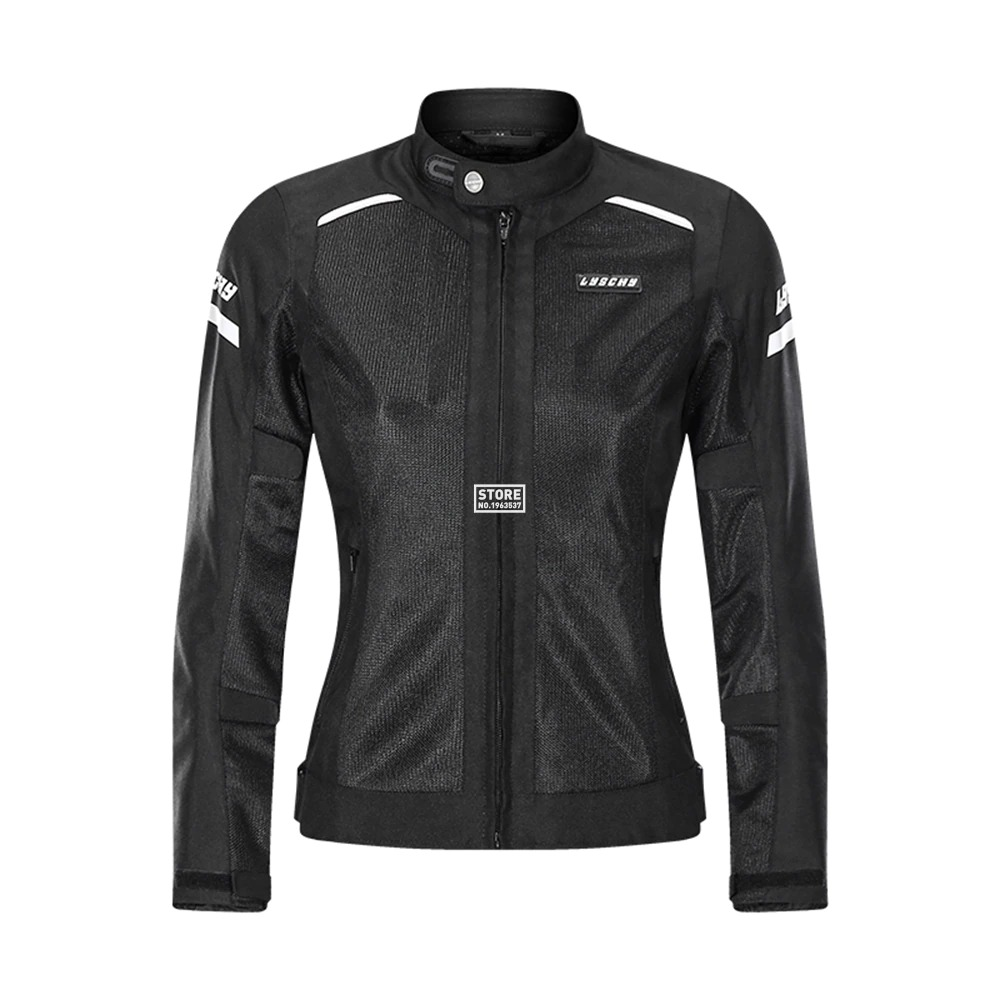 Stylish black windproof motorcycle jacket for women with UV protection and fitted design.