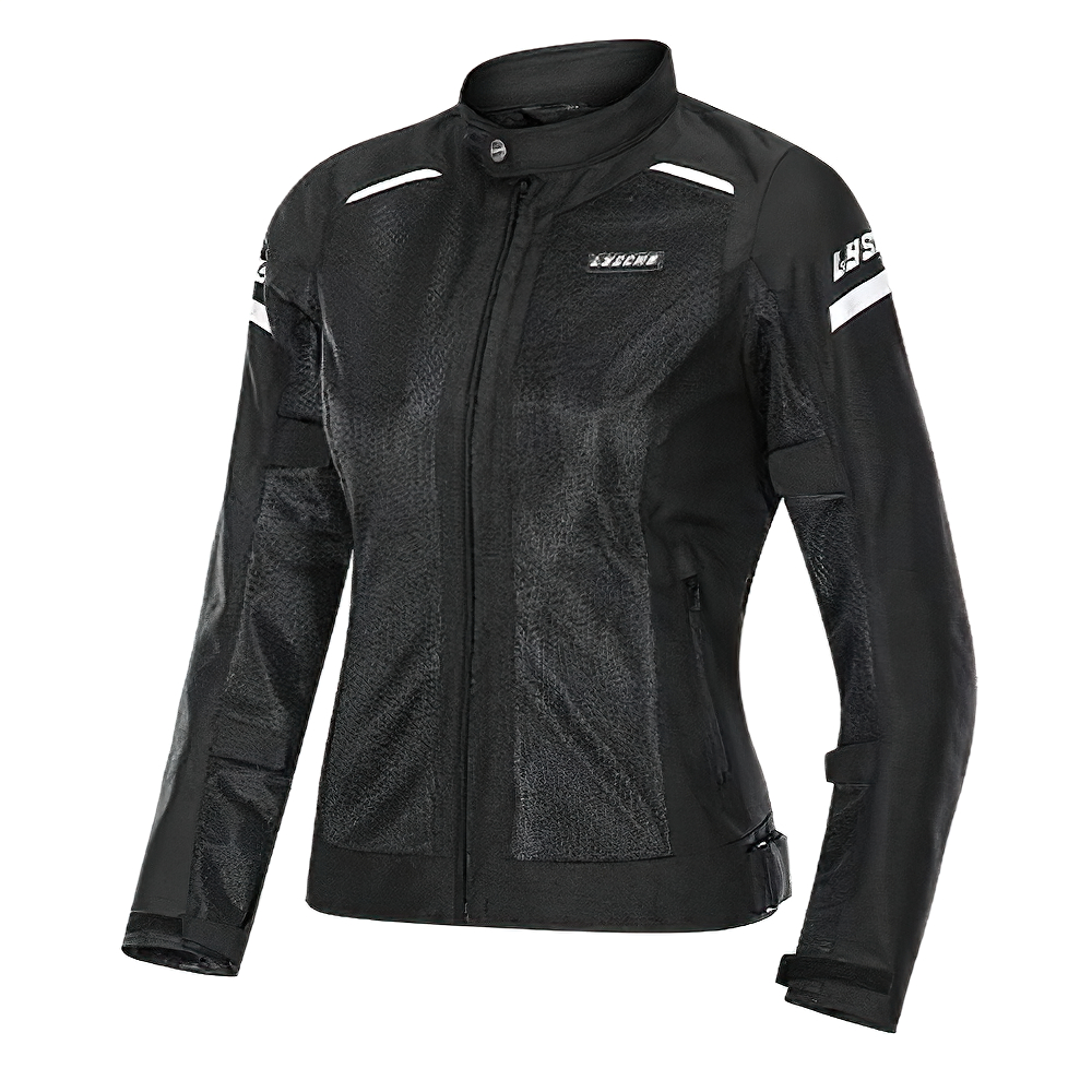 Stylish windproof motorcycle jacket for women, featuring UV protection and a fitted design in sleek black.
