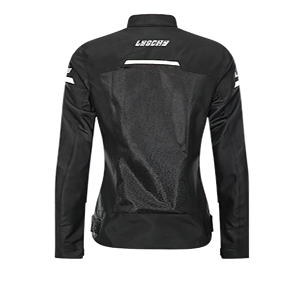 Stylish women's black windproof motorcycle jacket with UV protection viewed from the back.
