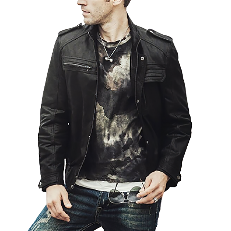 Men's retro black leather jacket, stylish motorcycle look, perfect for alternative fashion and winter wear.