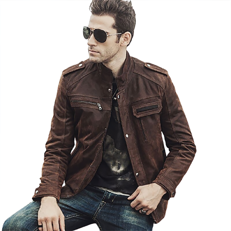 Stylish man wearing a brown retro leather jacket with sunglasses, showcasing a contemporary motorcycle look.